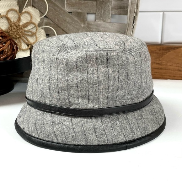 Vintage 90s Pinstripe Bucket Hat Wool Blend Faux Leather Trim Rhinestone Detail - Picture 2 of 9